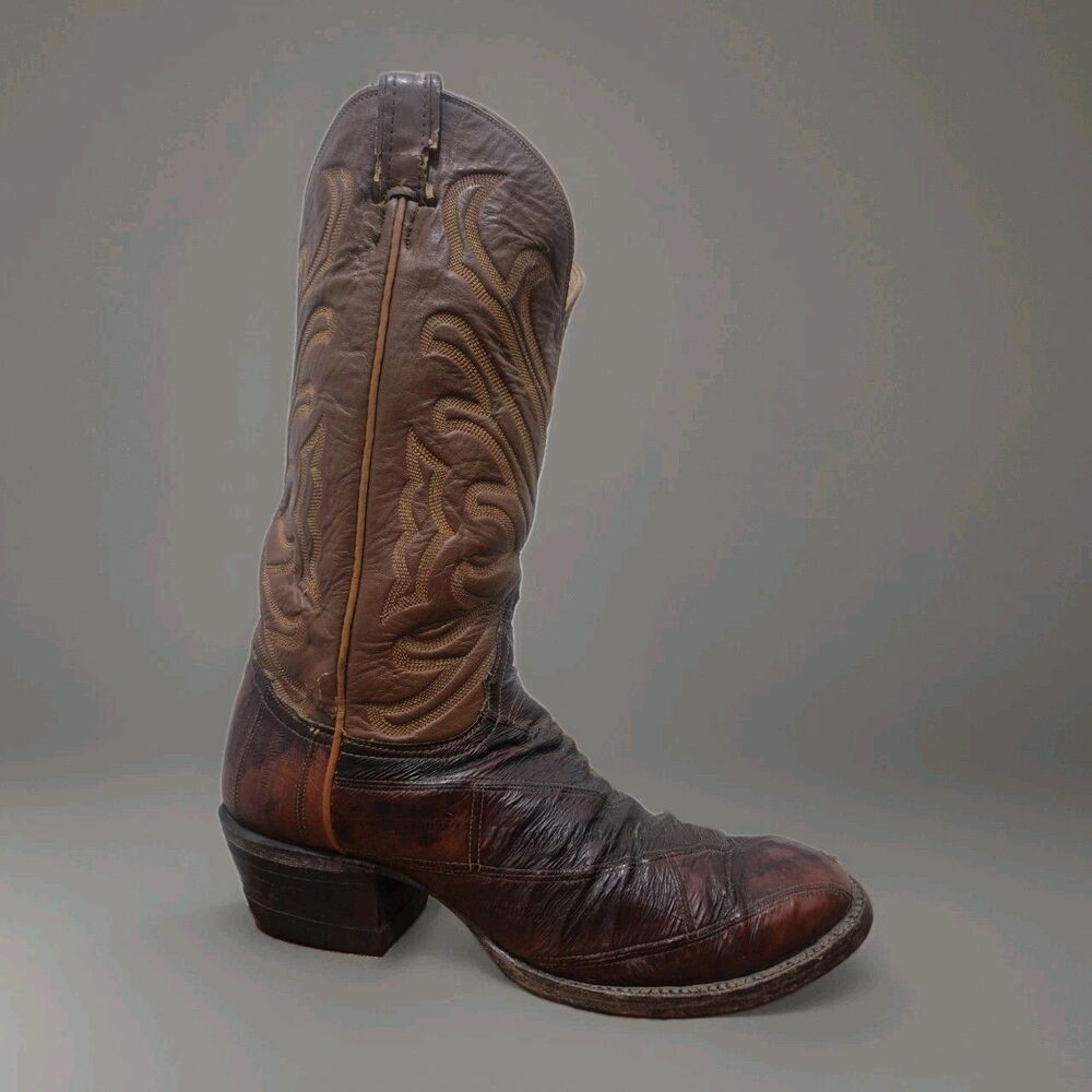 Vintage Tony Lama 8268 Men’s 13 Eel Skin Cowboy Boots Size 8.5D Black Label USA